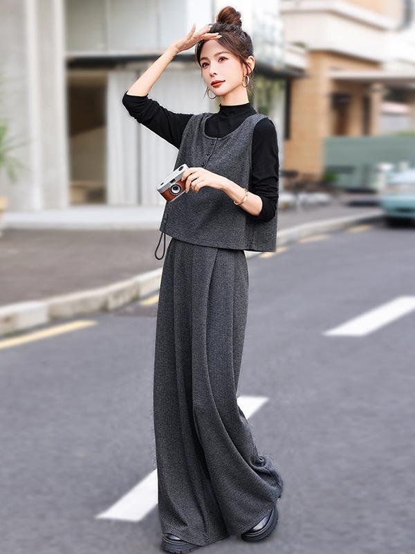 2026 Spring Women's Trendy Three-Piece Set: Stylish Top, Vest & Wide-Leg Pants
