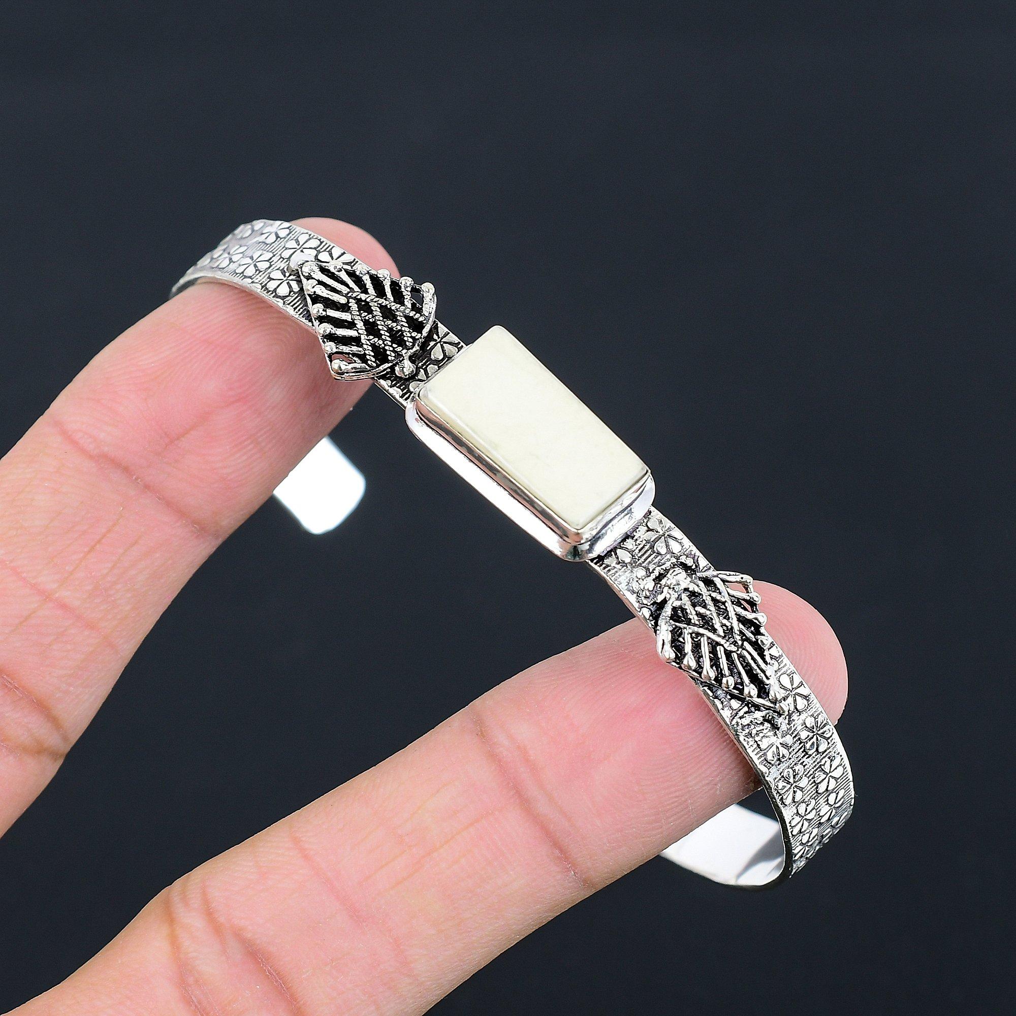 

925 Sterling Silver Rectangle Scolecite Gemstone Crown Chakra Engagement Bangle Adjustable