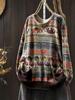 Woman Autumn Elephant Print Double Pockets Contrast Sweater Casual Loose Vintage Style O-Neck Sweater