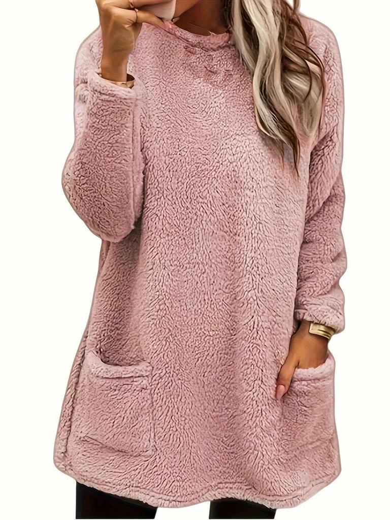 Women's Casual Long-Sleeve Plush Sweater with Pockets, Autumn/Winter Collection