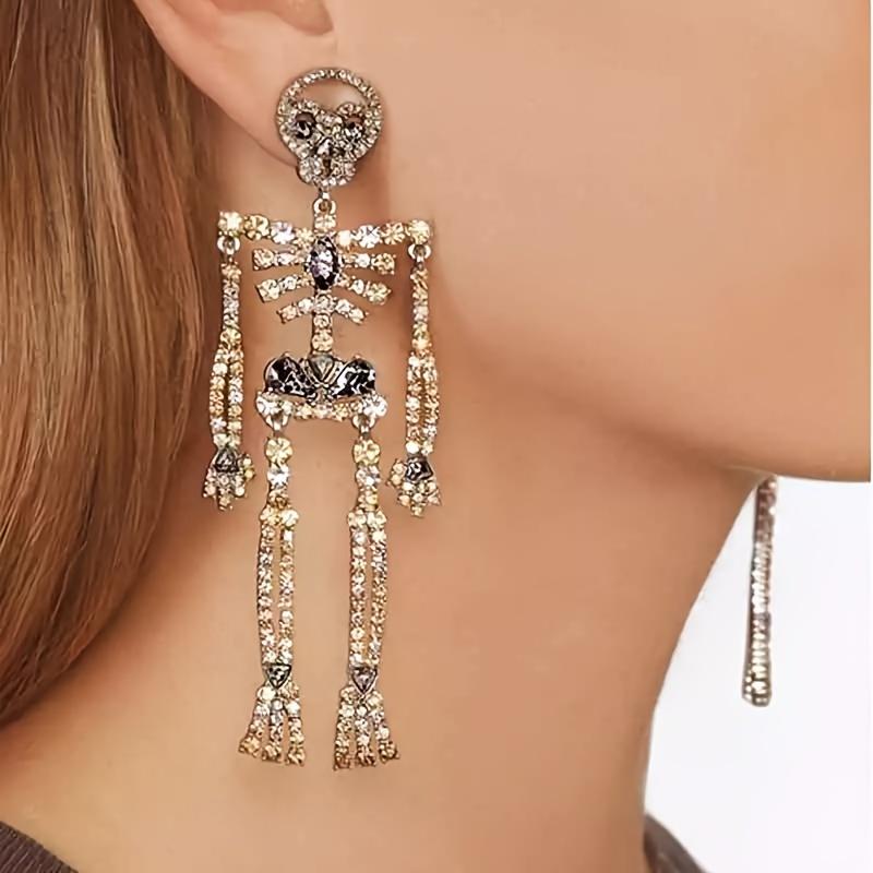 Women'S Gothic Gorgeous Rhinestone Skeleton Dangling Earrings Halloween Retro Long Earrings Fashion Gift For Holidays