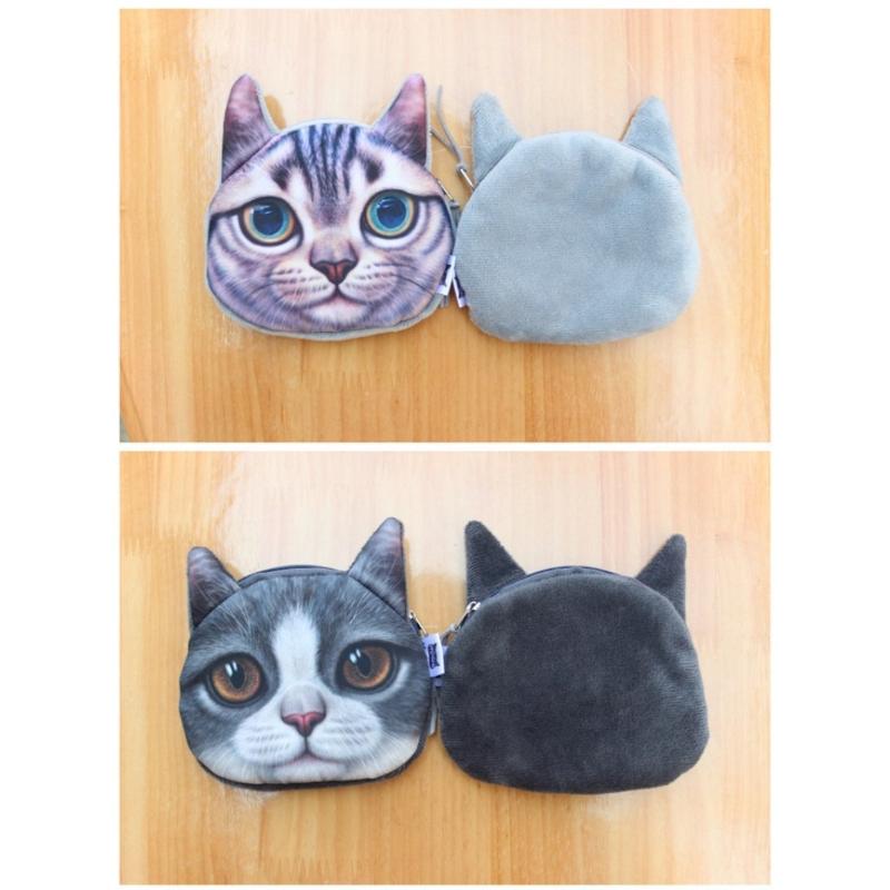 New 3D Realistic Cat Head Coin Purse Fold Eared Grey Short Hair Cat Animal Wallet Cute Pet Style
