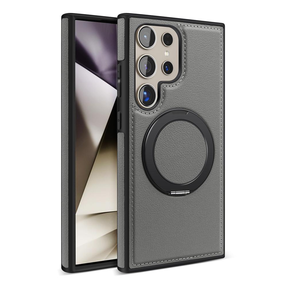 Genuine Leather Phone Case For Magsafe Samsung S24 S25 Ultra S23 S22 Ultra Plus Magnetic Rotating Metal Holder Stand Back Cover