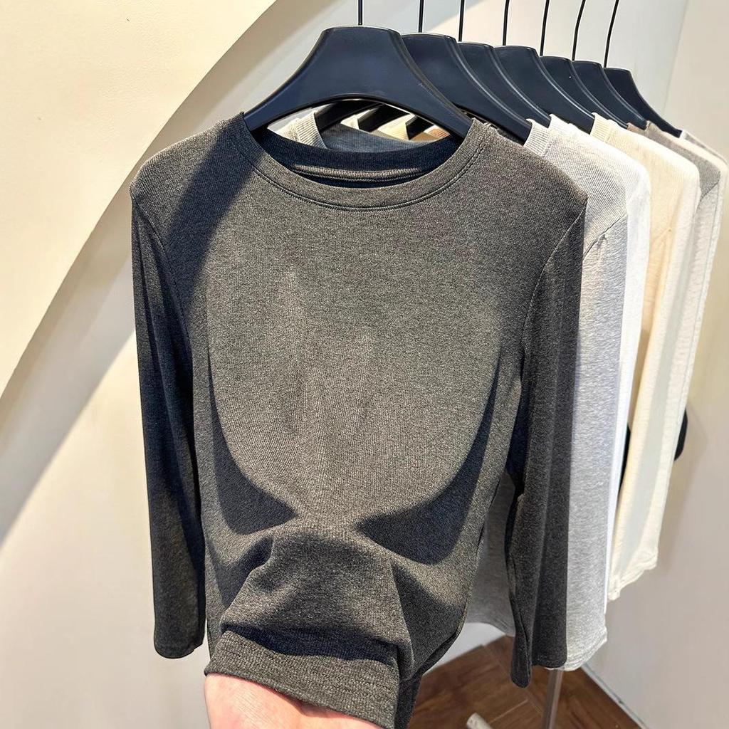 Women's Ribbed Crew Neck Long Sleeve Slimming T-shirt - 2025 Autumn/Winter Collection