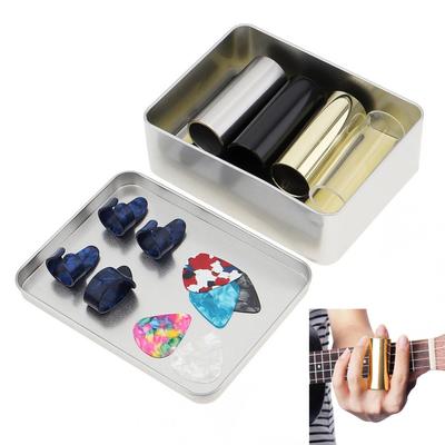 15-teiliges Gitarren-Slide-Picks-Set, Edelstahl-Slides, Daumen, Finger, Zelluloid, Gitarren-Picks, Aufkleber mit Box