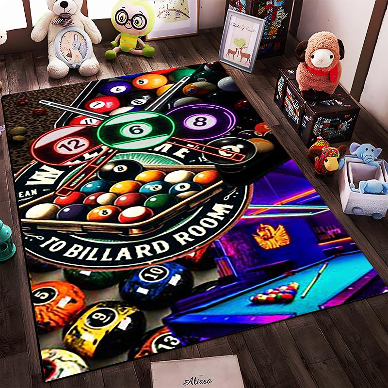 Billiards Theme Rug with Pool Ball Design, Non-slip rug suitable for living room and bedroom sofas.