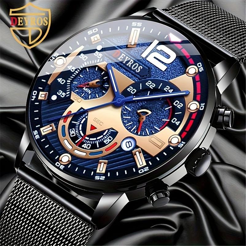 Men's Fashion Calendar Quartz Watch, Stainless Steel Mesh Belt Casual Wrist Watch, Best Gifts for Him