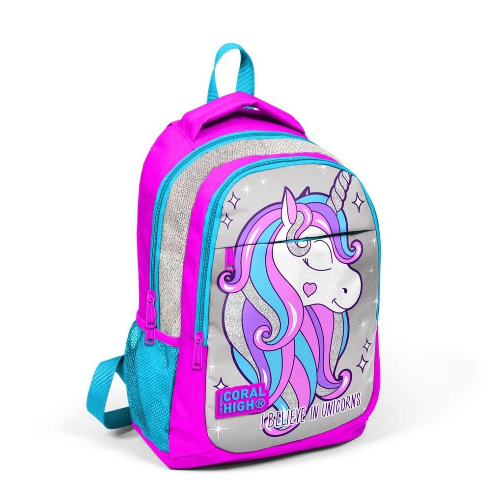 Coral High Kids Rosa Silber Glitzer Einhorn gemusterter Schulrucksack mit drei Fächern 14383