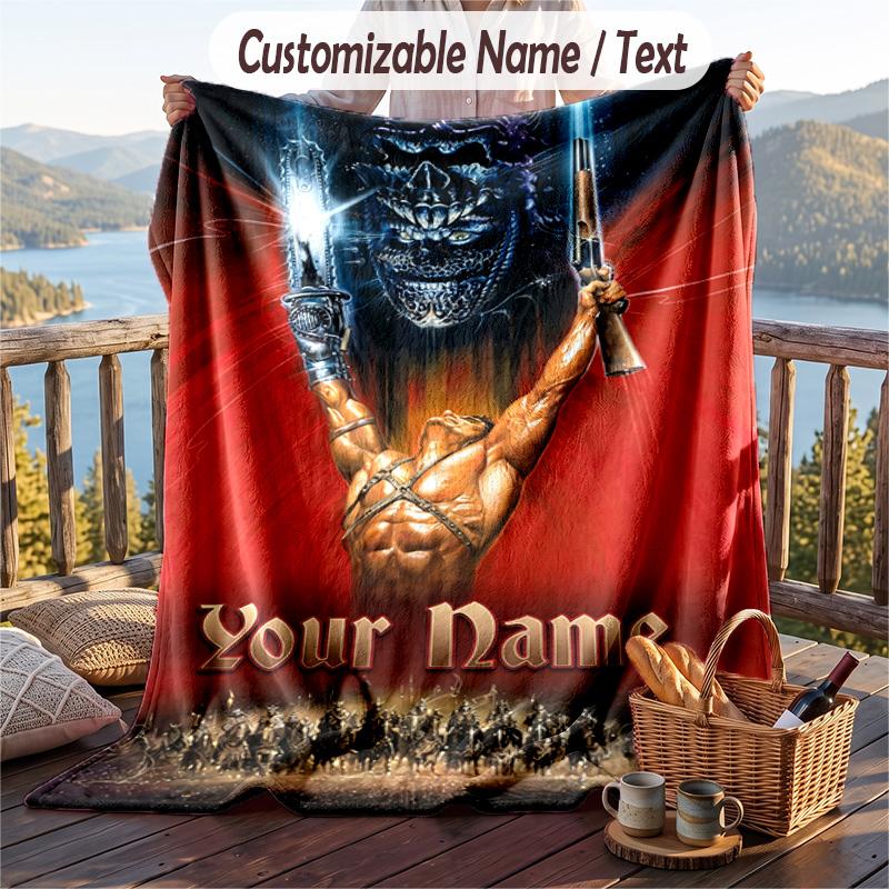 Custom Text Flannel Throw Blanket, Lightweight Cozy Bed Sofa BlanketEvil Dead Ash Williams