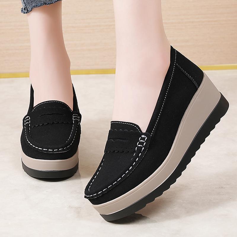 2025 New Women's Thick-soled Platform Women Shoes Flats Sneakers Suede Leather Casual Slip On Flats Heels Creepers Moccasins