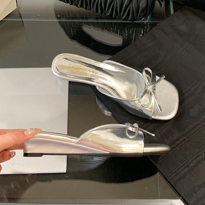 Fashion Female Low Heel Footwear Wedges Slippers Slides Shoes For Women Fashion Butterfly-Knot Ladies Heeled Slippers Sandals Shoes