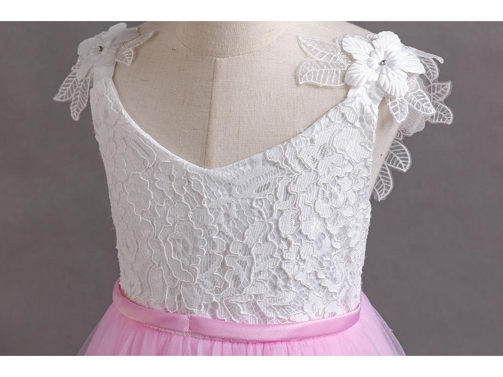 Girls' Lace Spaghetti Strap Flower Girl Dress - Puffy Formal Princess Gown for Wedding or Fashion Show Performance
