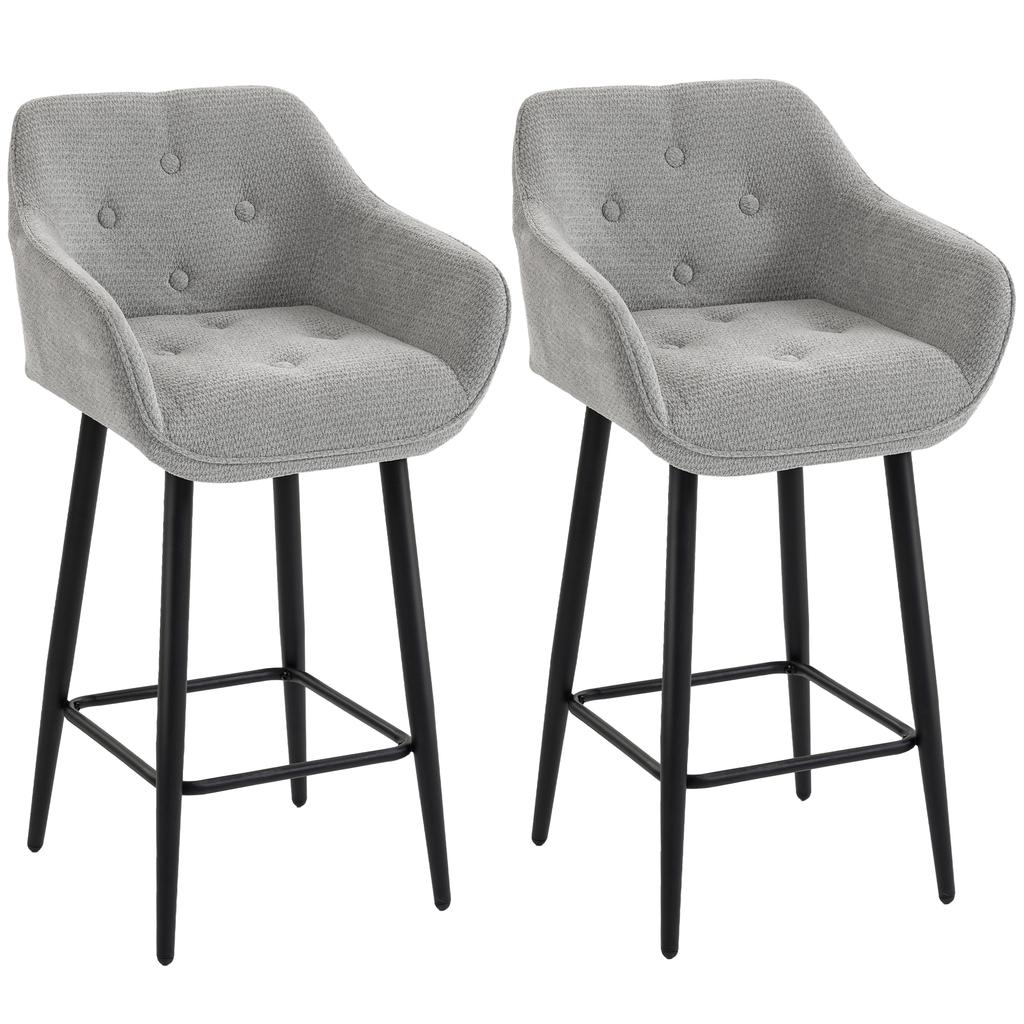 Bar Stools, Set of 2, Chenille Upholstered, 67 cm High, Backrest and Footrest, Grey