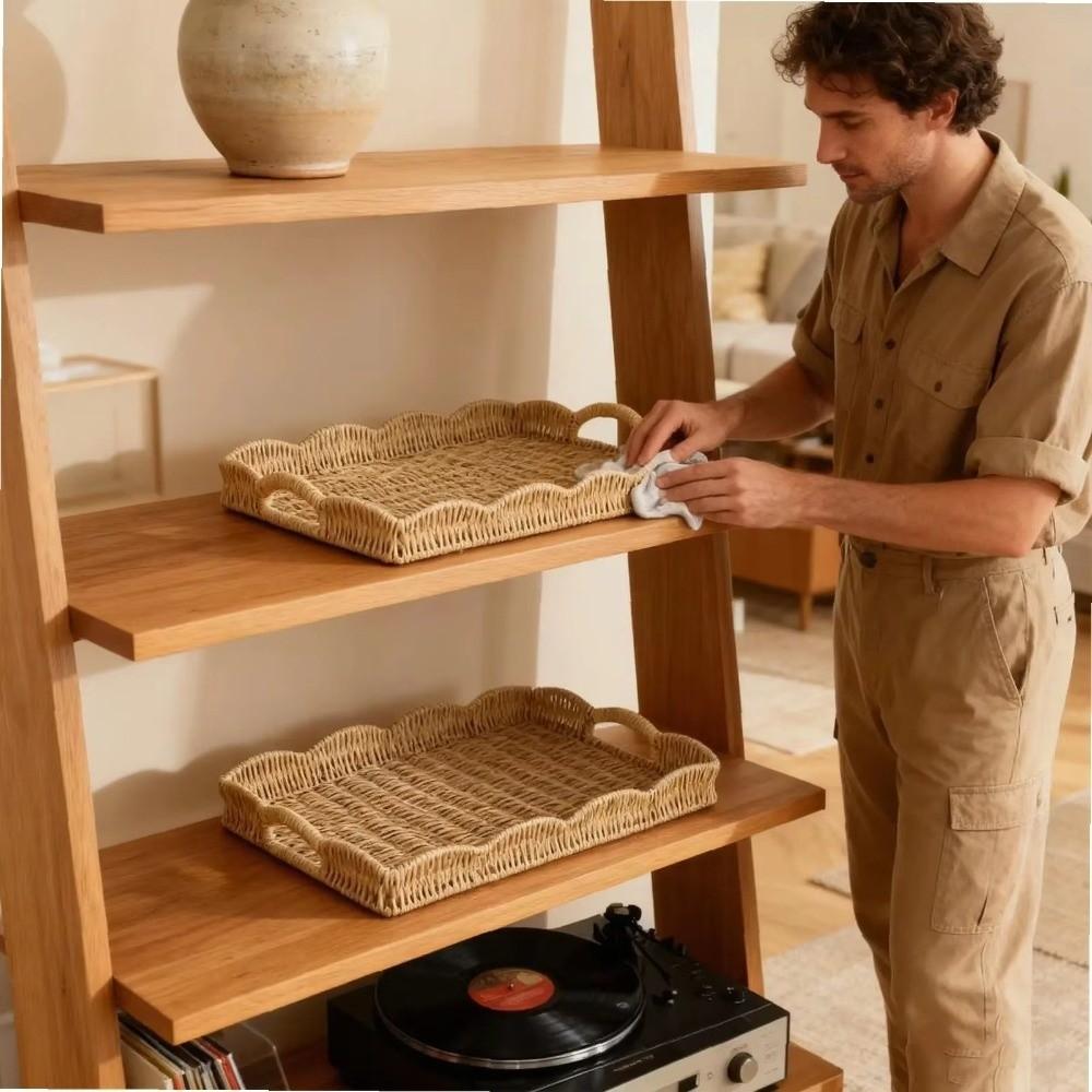 Large Capacity Food Serving Tray Rectangular Woven Decorative Platter Woven Storage Tray Household