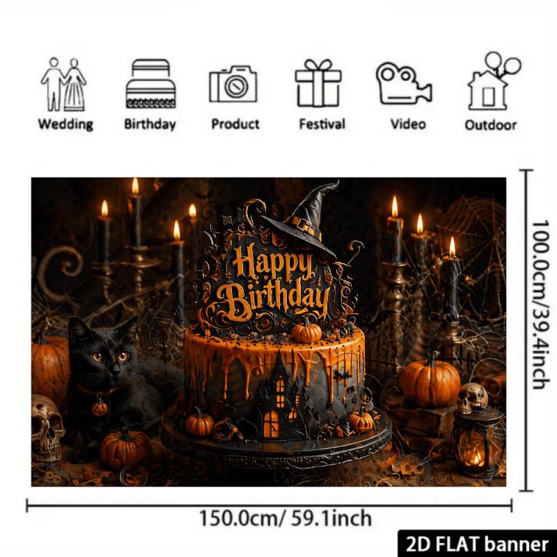 2D planar Halloween-themed birthday party banner background. Halloween style birthday theme with decorations.zyc