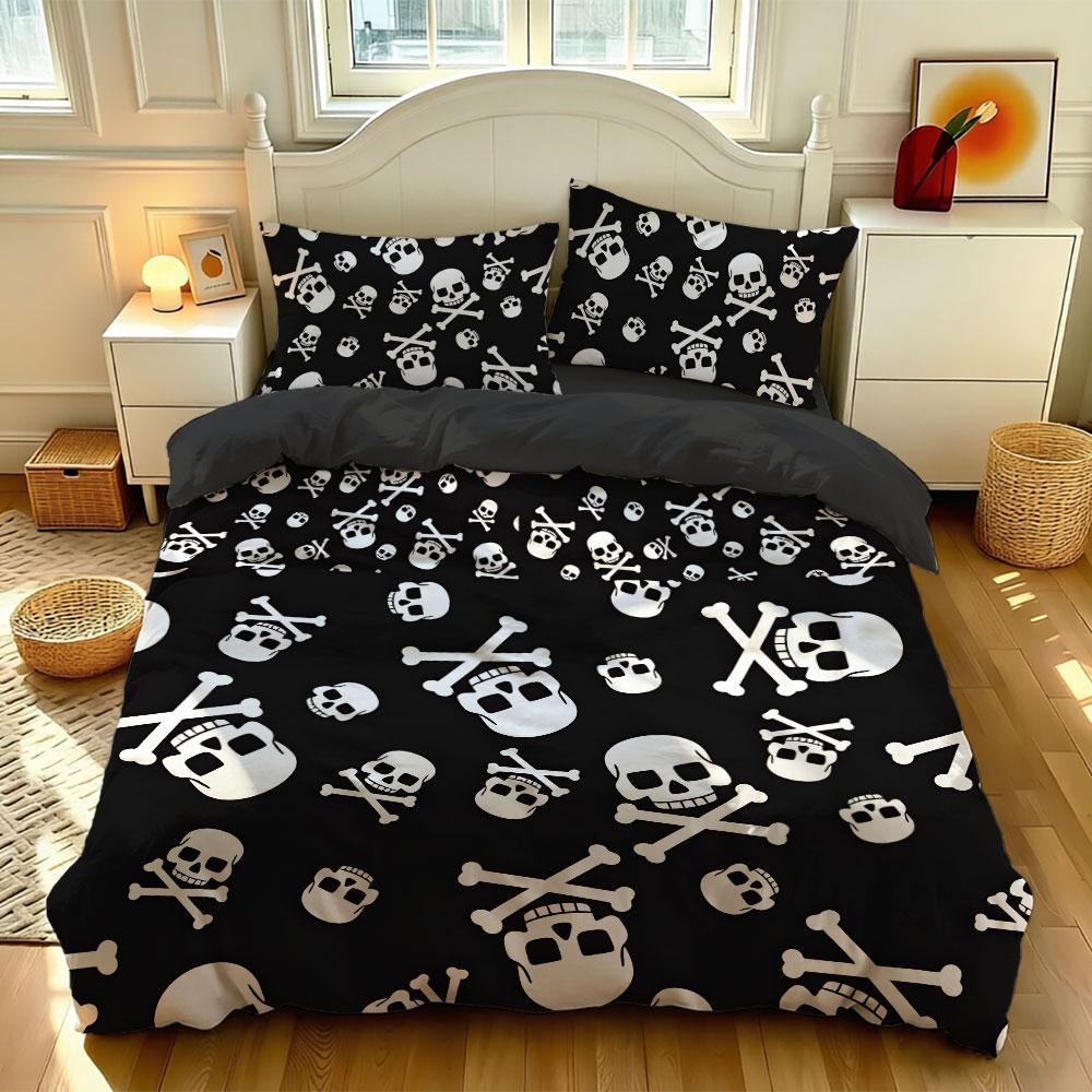 A 3-Piece Black and White Skull-Head Print Bedding Set Including A Duvet Cover and Two Pillowcase Machine-Washed