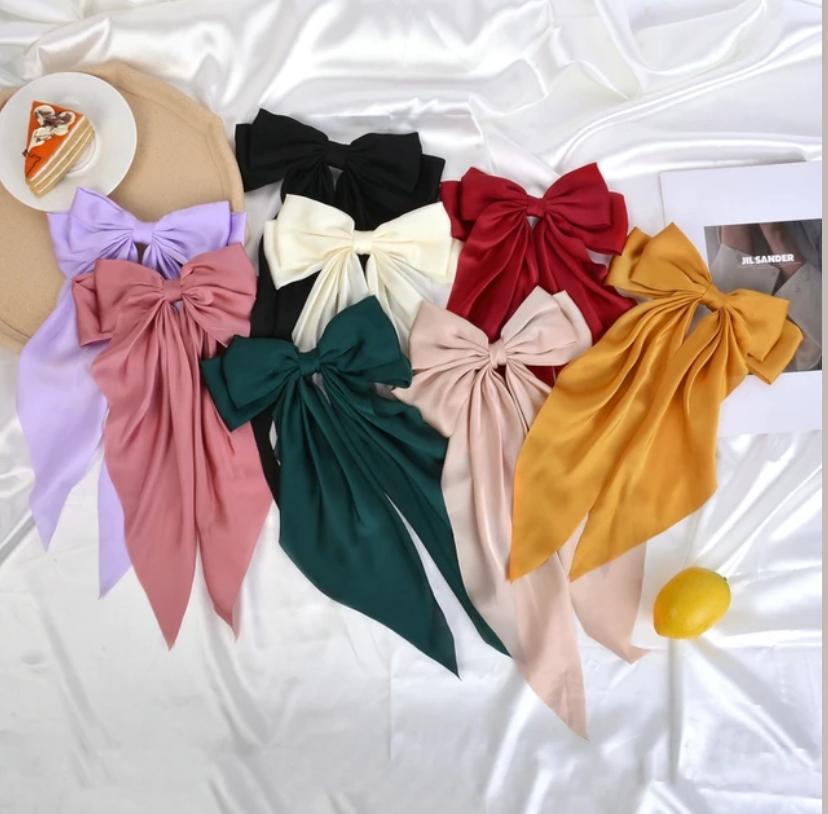 4/8pcs Ladies Satin Large Ribbon bow Oversized bow Long tail hair clip spring clip ponytail Hair accessorie
