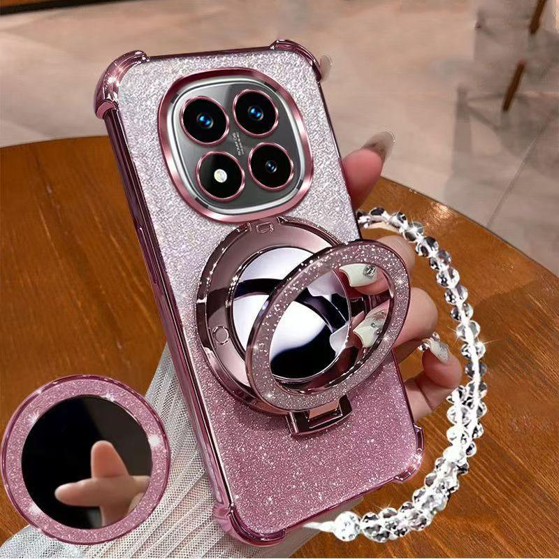 Glitter Magnetic Mirror Stand Bracelet Holder Case For Xiaomi Poco X7 PocoX7 Pro X6 X5 M7 M6 F6 F3 F7 Pro Ultra Shockproof Cover