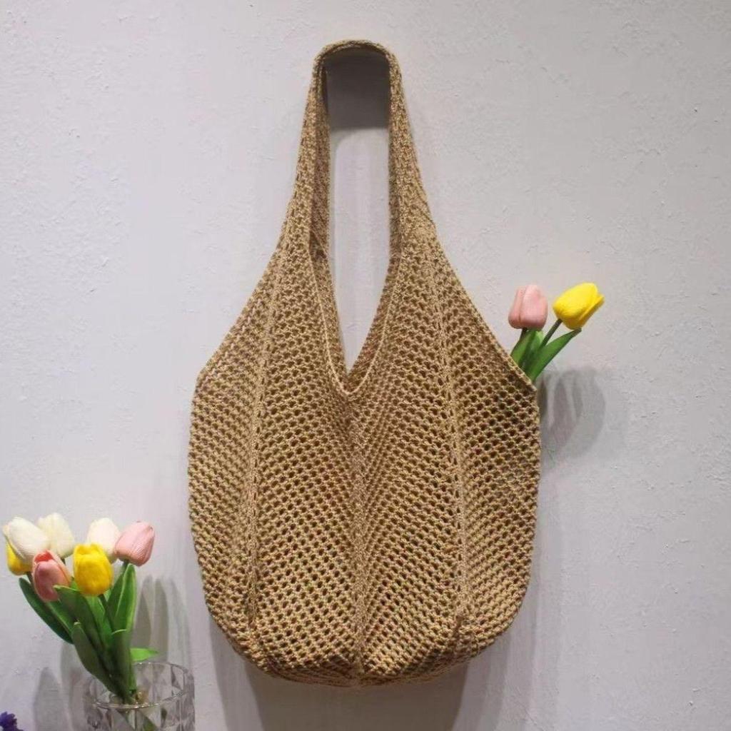 Red Romantic Knitted Shoulder Bag - Retro Mesh Hollow-Out Handbag