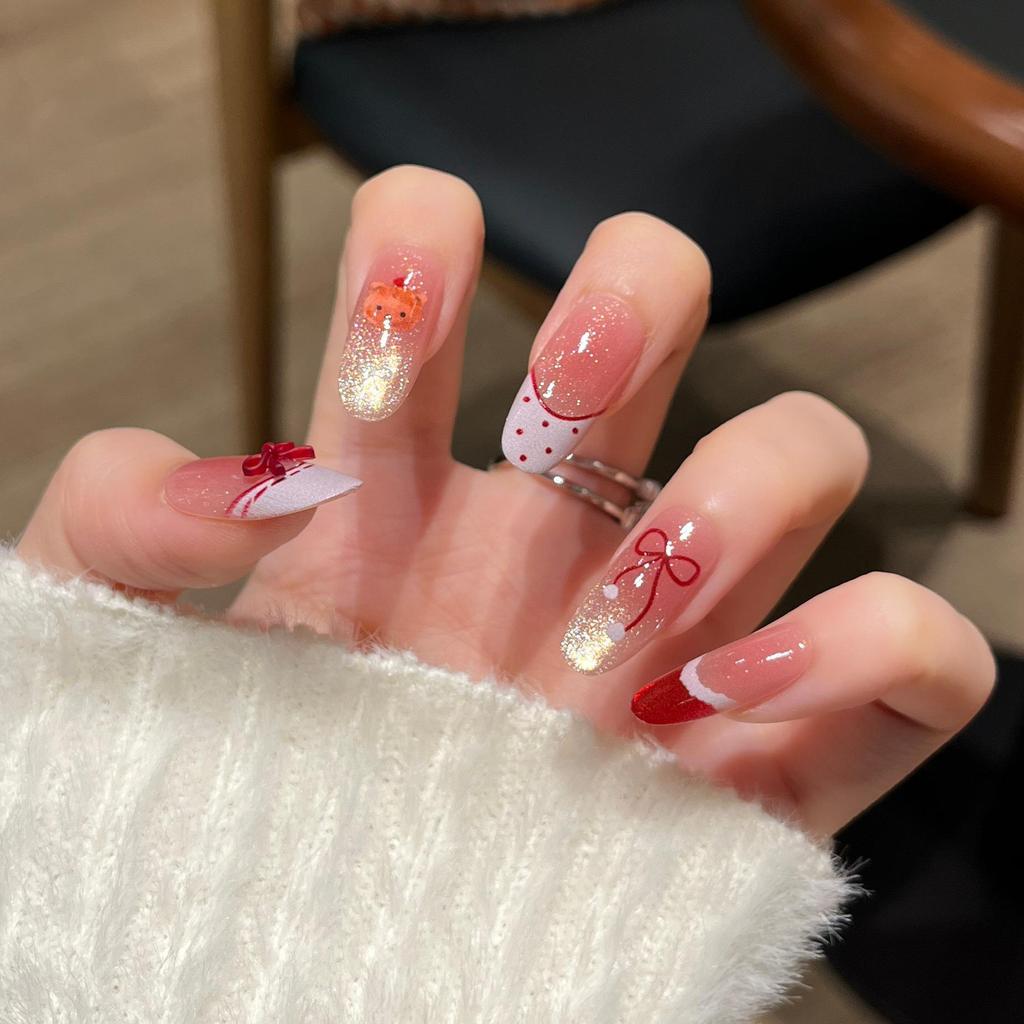 Red Cat Eye Bow Nail Tips - Medium-Long Wearable False Nails for New Year Nail Art