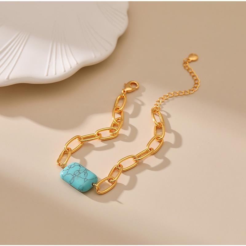 K Gold Plated Brass Square Turquoise Hollow Thick Chain Adjustable Trendy Bracelet For Women
