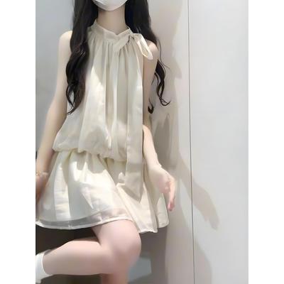 White Sleeveless Neck Suspender Dress Children's Summer Temperament Women's New Seaside Vacation Temperament Short Skirt