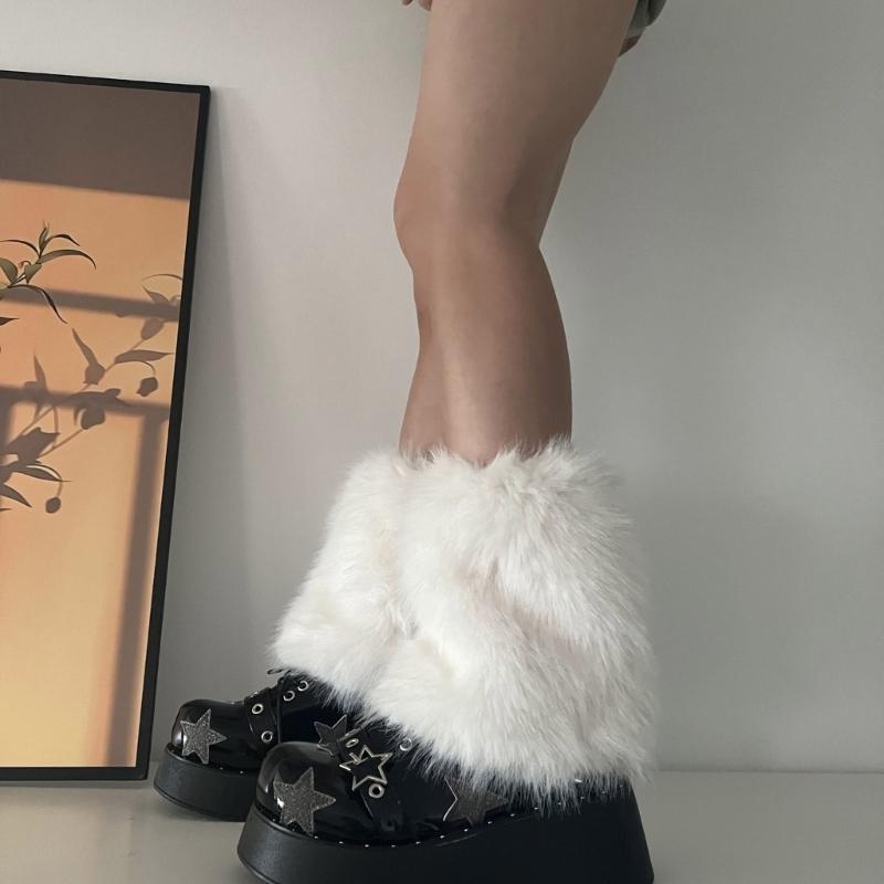 Flauschige Kunstpelz Beinwärmer Pelz Fersen Lange Stiefel Manschetten Abdeckung Hat Elastisch Ein Paar Karneval Stiefelabdeckung Y2K JK Uniform