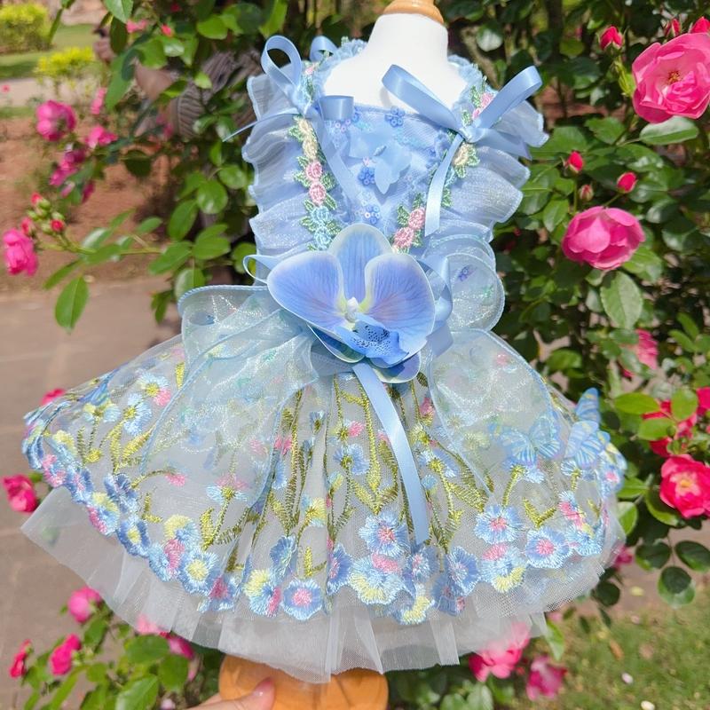 2026 Luxury Handmade Pet Dog Cats Clothes Fine Flower Embroidery Pink Blue Princess Dresses For Small Medium Dog Puppy Clothing