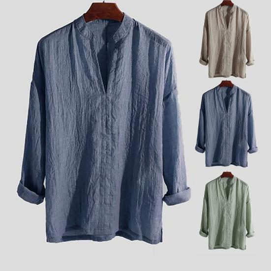 

Мужская рубашка сплошного цвета с V-образным вырезом, простой повседневный весенний топ для повседневной носки