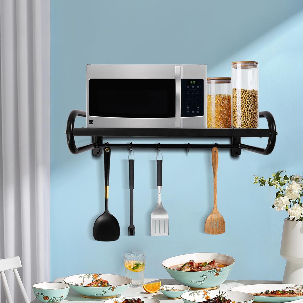 Support micro-ondes mural, Étagère de rangement de cuisine en acier au carbone avec 6 crochets, Support pour four 53*38*18 cm, Capacité de charge 30 kg