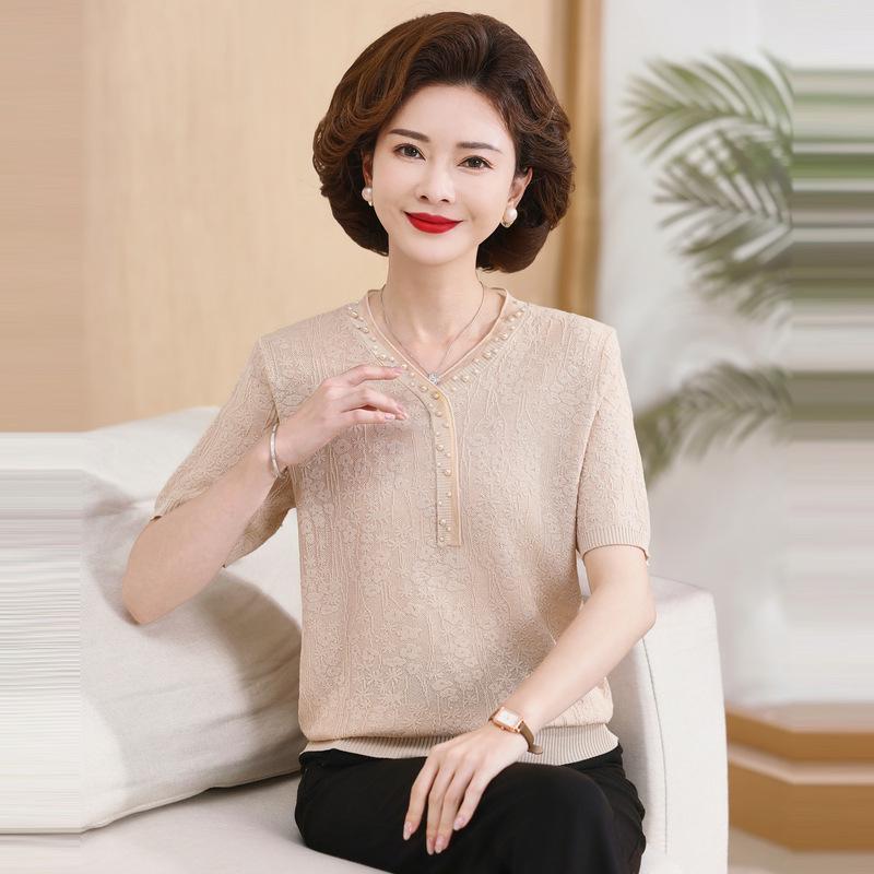 

Elegant V-Neck Short-Sleeve Ice Silk Blouse for Middle-Aged Women - 2026 Summer Collection 5XL (suitable for 150-165 jin)