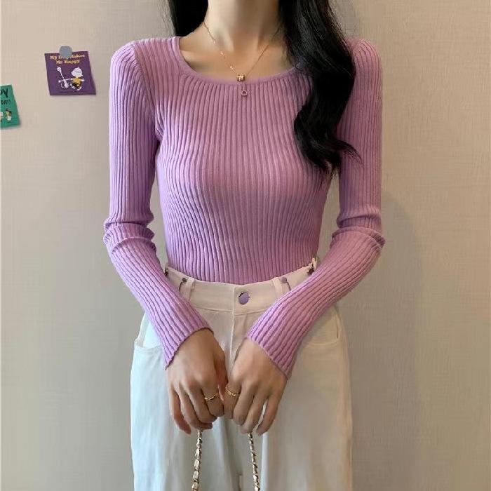 "2023 Autumn/Winter Korean Slim Square Neck Long-Sleeve Knitted Sweater for Women"