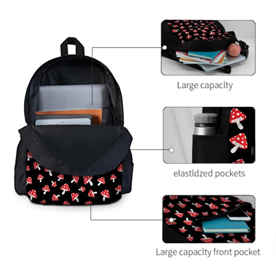 Red Mushroom Pattern Black Front Bag Backpacks for Boy and Girls Best Gifts 2D Flat Cartoon School Backpack for Children Bags