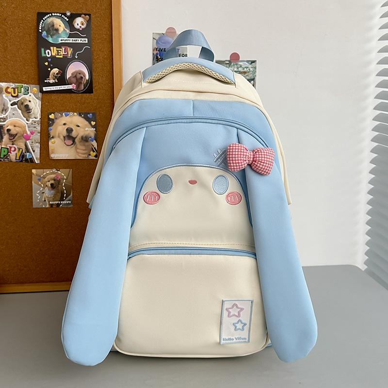 

Cute Cartoon Big Ears Rabbit School Bags with Bow Breathable Nylon Wear-resistant Junior High School Girl s Backpack Outdoor Large Capacity Book Bag синий