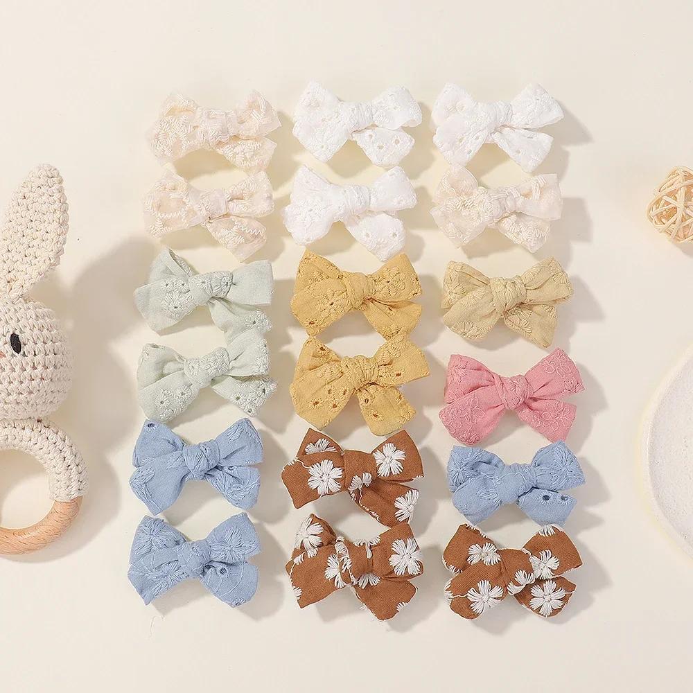 6pcs/set Mini Bow Baby Solid Bowknot Hair Clips Girl Cotton Print Hollow Hairpin Children Sweet Hairgripe Kids Hair Accessories