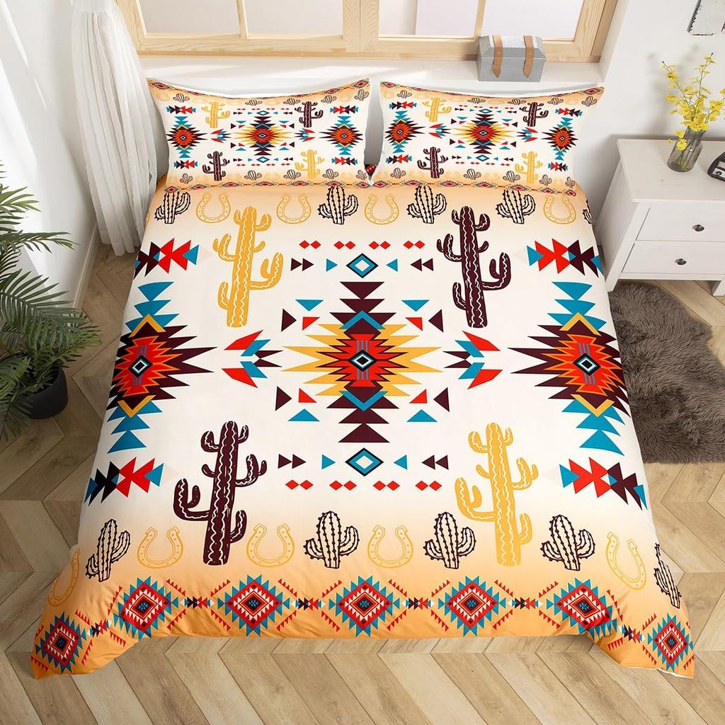 Geometric Aztec Duvet Cover Twin Queen Size,Horseshoe Cactus Western Cowboy Bedding Set,Southwest Rustic Farmhouse Quilt Cover