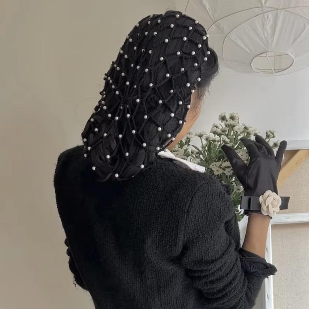 Pearls Beads Mesh Snood Hair Net Solid Color Women Headbands  Hair Accessories