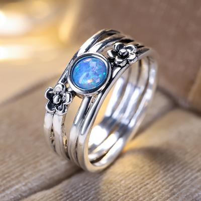 Charm Bagues Fleur Pierre Opale de Feu Ronde Bleue pour Femmes Bijoux de Mariage Couleur Argent Vintage Cadeau