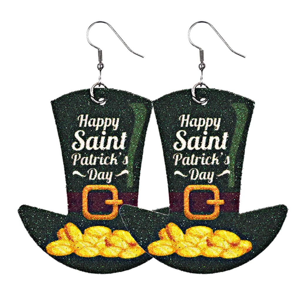 Women Fashion ST. Patrick's Day Green Drop Shape Printing  Earrings Ear Studs