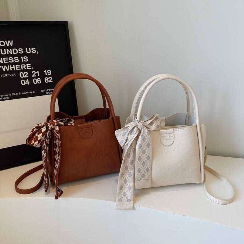 Fashion Vintage Bucket Bag Women PU Leather Top Handle Bag with Checkered Scarf Bow Large Capacity Shoulder Bag for Daily Commute and Outings