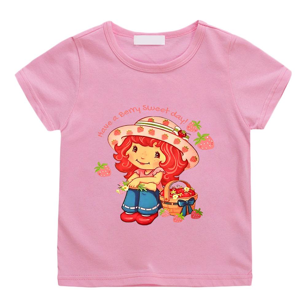 Camiseta Infantil de Algodón 100% Fresa con Pastel Estampado de Dibujos Animados Retro Camisetas Lindas de Manga Corta Casual Cuello Redondo Tops para Niños Camiseta de Anime de Verano