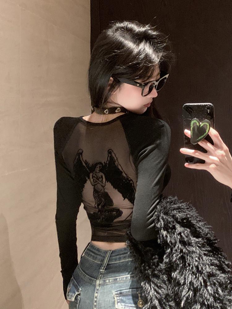 Gothic Y2k Vintage O-Neck Slim T-Shirts Women Chic Mesh Cyber See Through Crop Tops Female Korean Fashion Casual Clothing New