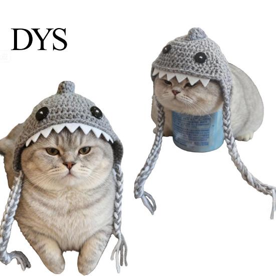Pet Photography Props Funny Shark Cat Hat, Crocheted Hat with Braided Comfortable Festival Outfit Straps, Soft Cute Knitted for Cats Small Dogs
