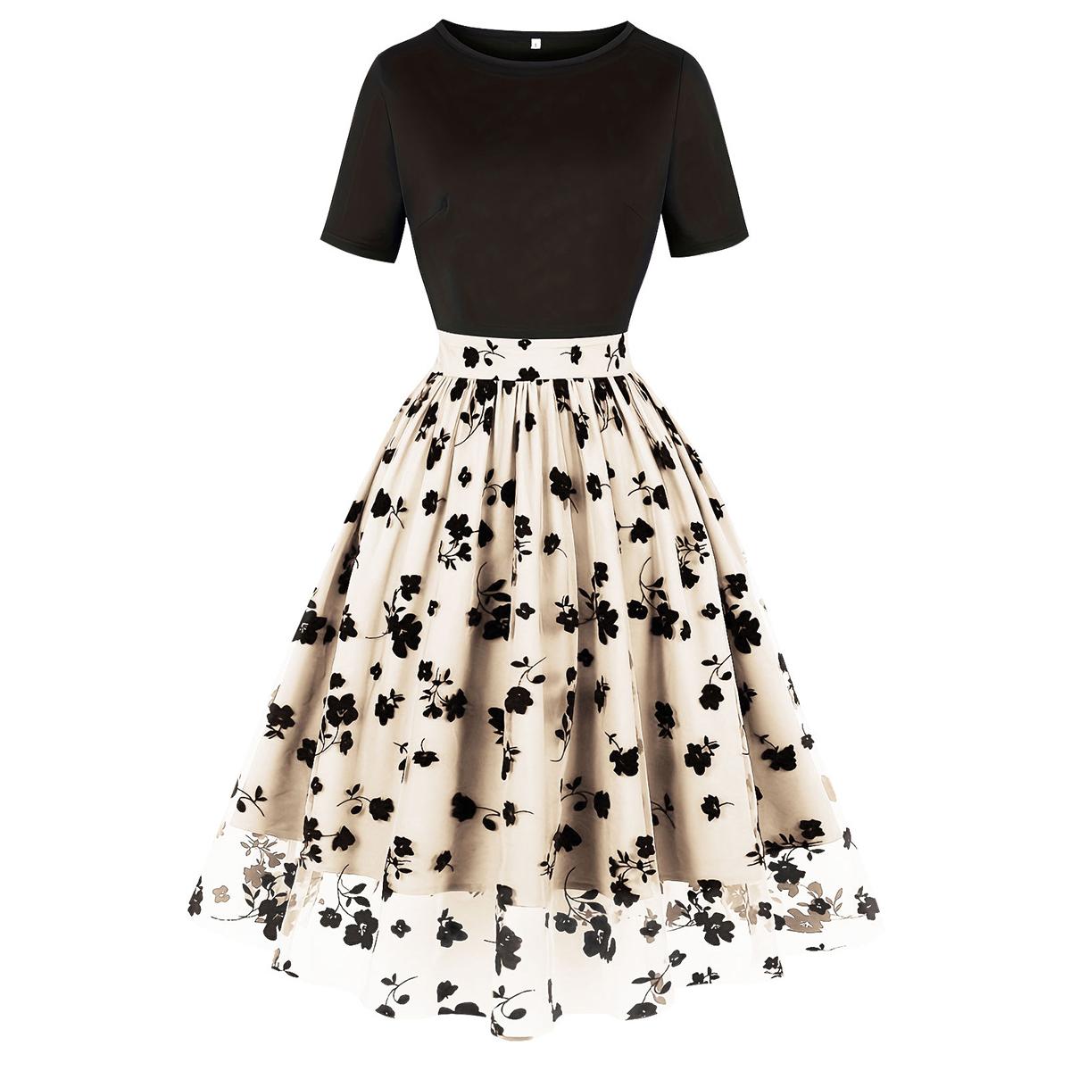 

Женские повседневные платья с круглым вырезом и короткими рукавами, с затянутой талией, газовая юбка с цветочным принтом, ретро-миди, свободное платье, летняя повседневная рабочая праздничная одежда XXL