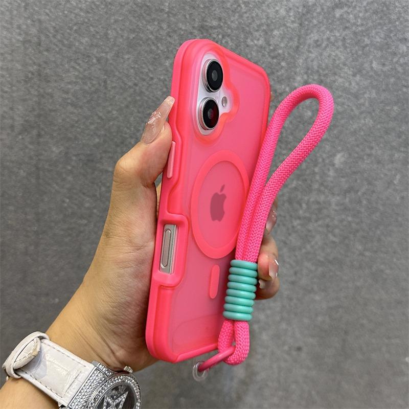 Custodia con Cinturino da Polso a Doppia Colore Magsafe per iPhone 16 15 14 13 Pro Max Plus 12 11 Cover Corazzata Rigida Magnetica con Laccetto