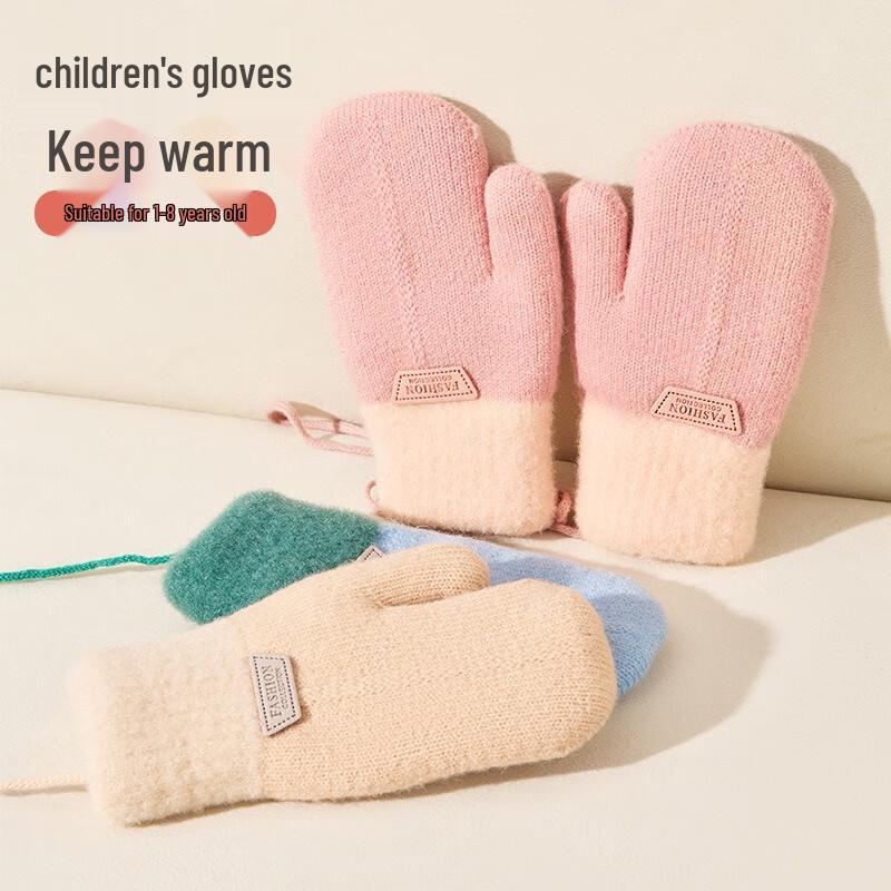 Children's Winter Warm Cashmere-Lined Knitted Mittens with Neck Strap