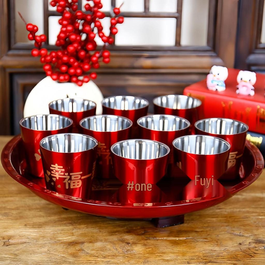 Wedding Double-Layer Stainless Steel Teacup - Red Toasting & Ceremony Joy Cup