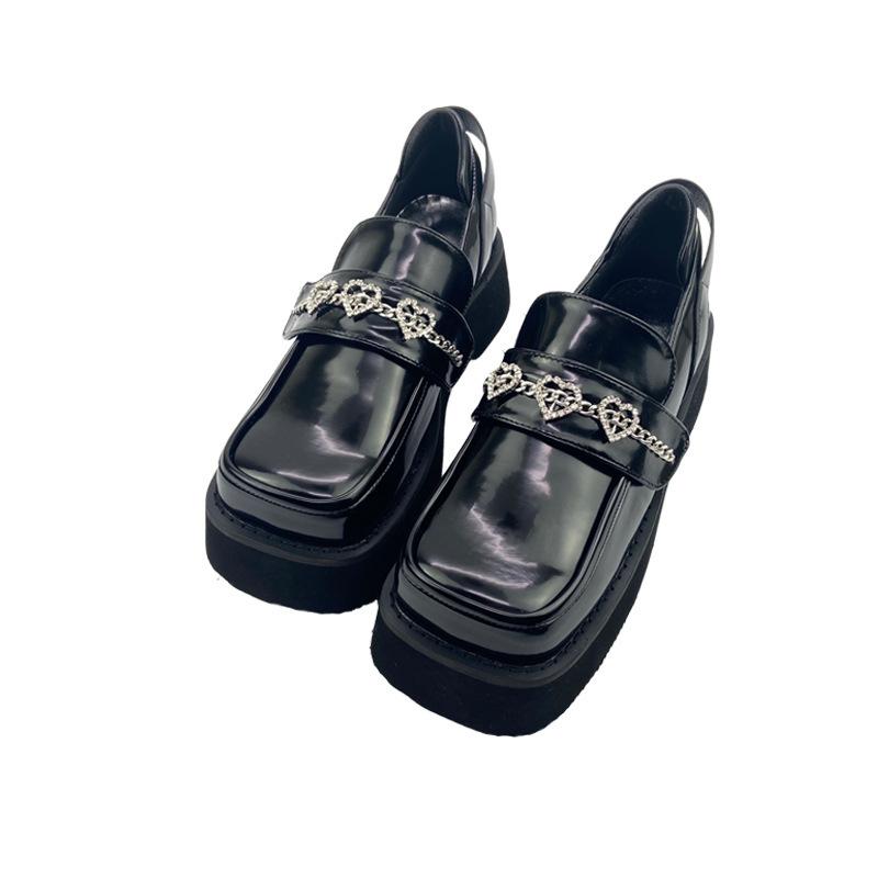 Small Leather Shoes Spring And Summer British Style Square Head Platform Muffin Loafers Women'S Detachable Chain Single Shoes