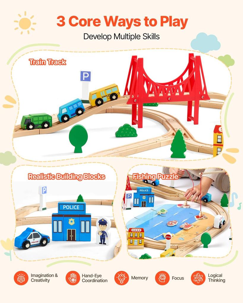 113PCS Wooden Train Set, for Kids Ages 3-8, Wood Train Track Toy with Storage Box, City Scene Railway Playset, Compatible with Major Brands, Christmas