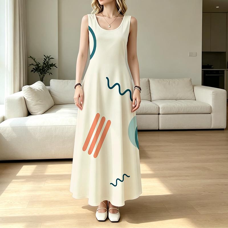 Women’s Longline Sleeveless Vacation Dress Loose Lightweight Breathable Simple Geometric Design,Versatile for Beach & Daily Casual Outings